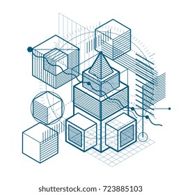 Isometric abstraction with lines and different elements, vector abstract background. Composition of cubes, hexagons, squares, rectangles and different abstract elements.