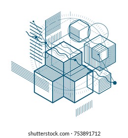 Isometric abstraction with lines and different elements, vector abstract background. Composition of cubes, hexagons, squares, rectangles and different abstract elements.