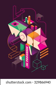 Isometric abstraction with typography. Vector illustration.