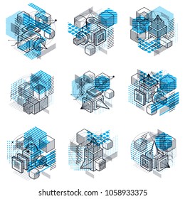 Isometric abstractions with lines and different elements, vector abstract backgrounds. Compositions of cubes, hexagons, squares, rectangles and different abstract elements. Vector set.