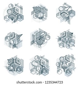 Isometric abstractions with lines and different elements, vector abstract backgrounds. Compositions of cubes, hexagons, squares, rectangles and different abstract elements. Vector set.