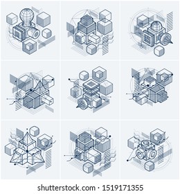 Isometric abstractions with lines and different elements, vector abstract backgrounds. Compositions of cubes, hexagons, squares, rectangles and different abstract elements. Vector set.