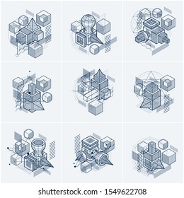 Isometric abstractions with lines and different elements, vector abstract backgrounds. Compositions of cubes, hexagons, squares, rectangles and different abstract elements. Vector set.