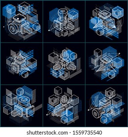 Isometric abstractions with lines and different elements, vector abstract backgrounds. Compositions of cubes, hexagons, squares, rectangles and different abstract elements. Vector set.