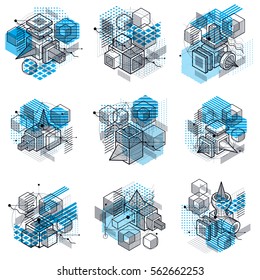 Isometric abstractions with lines and different elements, vector abstract backgrounds. Compositions of cubes, hexagons, squares, rectangles and different abstract elements. Vector set.