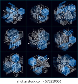 Isometric abstractions with lines and different elements, vector abstract backgrounds. Compositions of cubes, hexagons, squares, rectangles and different abstract elements. Vector set.