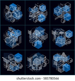 Isometric abstractions with lines and different elements, vector abstract backgrounds. Compositions of cubes, hexagons, squares, rectangles and different abstract elements. Vector set.