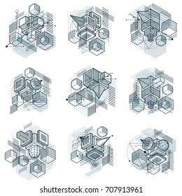 Isometric abstractions with lines and different elements, vector abstract backgrounds. Compositions of cubes, hexagons, squares, rectangles and different abstract elements. Vector set.