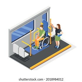 Isometric Accessible Environment Composition With Wheelchair User On Special Designated Space In Public Transport 3d Vector Illustration