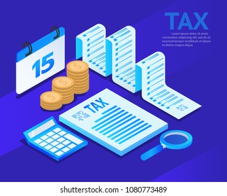isometric accountant working space, there are money coins and tax document, calculator, calendar, receipt paper vector illustration