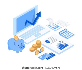  isometric accountant workspace elements money coins and financial stock graphs vector illustration