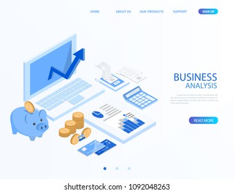isometric accountant workspace elements money coins and financial stock graphs vector illustration