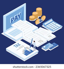  elementos de espacio de trabajo de contabilidad isométrica monedas de dinero y gráficos de saldos financieros ilustración vectorial