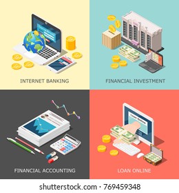 Isometric accounting 2x2 design concept with cumbersome conceptual icons of computer equipment office supplies and money vector illustration