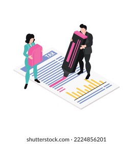 Isometric accounting composition with conceptual images little people characters and workspace items vector illustration
