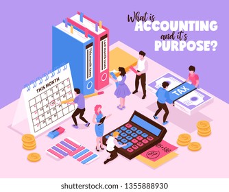 Isometric accounting composition with small human characters and organizer elements of workspace calendar calculator and books vector illustration