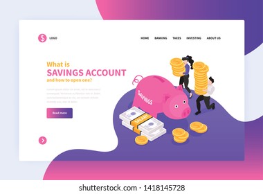 Isometric accounting concept banner web site landing page design with pig shaped still bank with links vector illustration