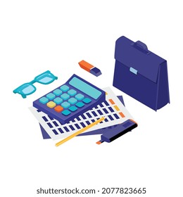 Isometrische Zusammensetzung der Rechnungslegung Finanzaudit mit Stack-Taschenrechner und Koffer mit Brille und Bleistift-Vektorgrafik