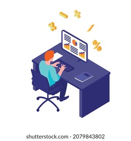 Isometric accounting financial audit composition with male employee character working at computer table vector illustration