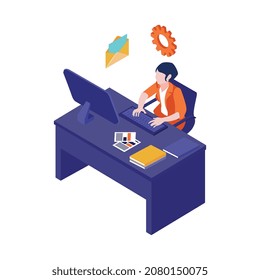 Isometric accounting financial audit composition with character of female accountant working at computer table vector illustration