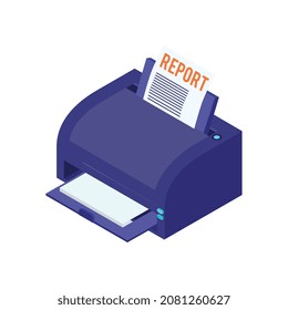 Composición de auditoría financiera de contabilidad isométrica con imagen aislada de impresora con ilustración vectorial de informe de papel