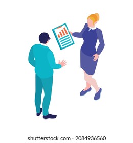 Isometric accounting financial audit composition with characters of two coworkers holding report vector illustration