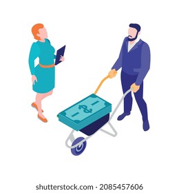 Isometric accounting financial audit composition with male character carrying bogie with cash and female accountant vector illustration