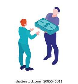 Isometric accounting financial audit composition with two human characters holding stack of banknotes vector illustration
