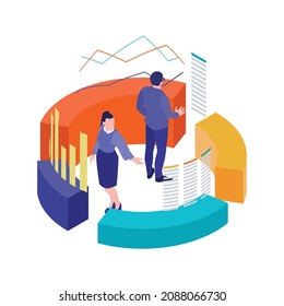 Isometric accounting financial audit composition with human characters surrounded by screens and radial chart elements vector illustration