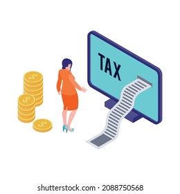 Isometric accounting financial audit composition with computer and tax reel with stacks of coins and female character vector illustration