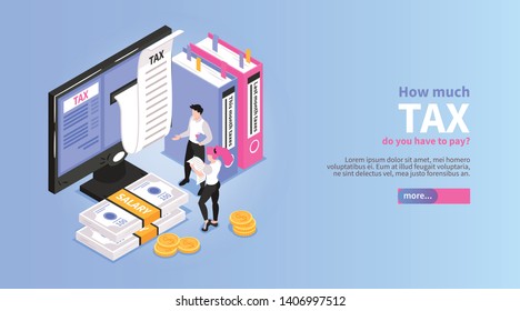 Isometric accounting horizontal banner with slider button editable text and male accountant characters near desktop computer vector illustration