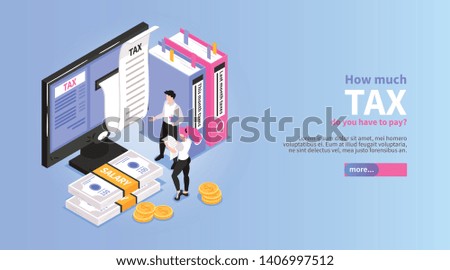 Isometric accounting horizontal banner with slider button editable text and male accountant characters near desktop computer vector illustration
