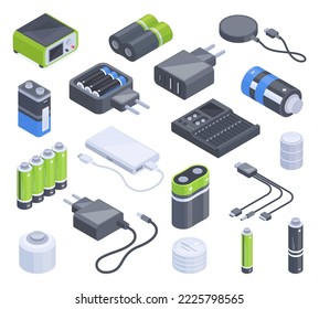 Acumuladores, baterías, enchufes y adaptadores de carga isométricos. Cargadores de energía eléctrica, equipo de carga de gadget 3d juego de ilustración vectorial. Colección de herramientas de carga