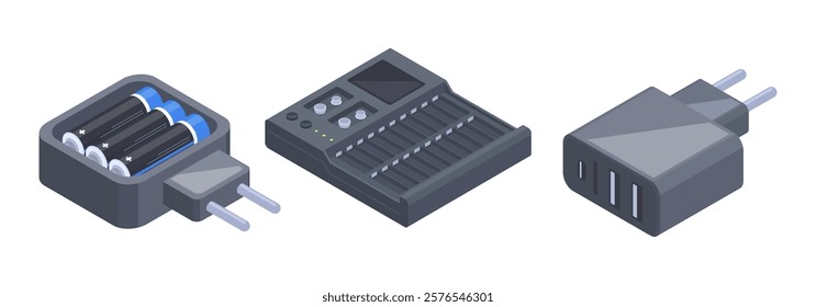 Isometric accumulators chargers. Battery chargers with energy power detectors, low battery, electric charging equipment 3d vector illustration set. Electricity charging tools