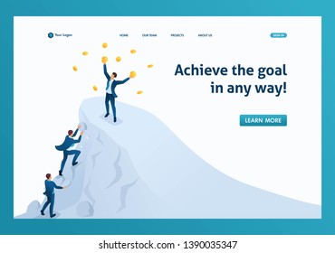 Isometric to achieve success, to achieve the goal, to be on top of the mountain. Template landing page