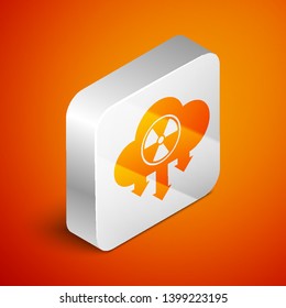 Isometric Acid rain and radioactive cloud icon isolated on orange background. Effects of toxic air pollution on the environment. Silver square button. Vector Illustration