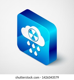 Isometric Acid rain and radioactive cloud icon isolated on white background. Effects of toxic air pollution on the environment. Blue square button. Vector Illustration