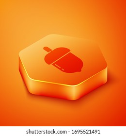 Isometric Acorn icon isolated on orange background. Orange hexagon button. Vector Illustration