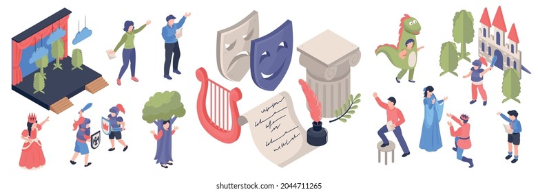 Isometric Acting School Color Set With Adults And Children Having Drama Classes Stage Props Harp Masks 3d Isolated Vector Illustration