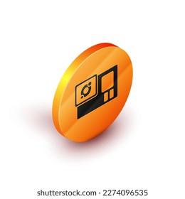 Isometrische Aktion Extreme Kamera Symbol einzeln auf weißem Hintergrund. Videokameraausrüstung zum Filmen extremer Sportarten. orangefarbene Kreistaste. Vektorgrafik
