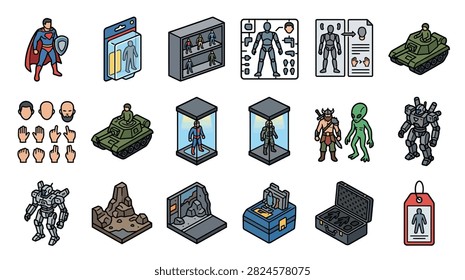 Isometric Action Figure and Toy Collection Icon Set