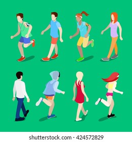 Isometric Active People. Running Man And Woman. Modern Healthy Lifestyle. Vector Flat 3d Illustration