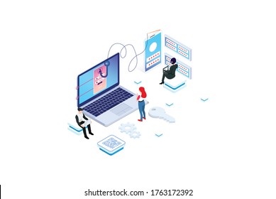 Isometric activity Phishing via internet concept illustration. Email spoofing or fishing messages. Hacking credit card or personal information website. Cyber banking account attack. Online sucurity.