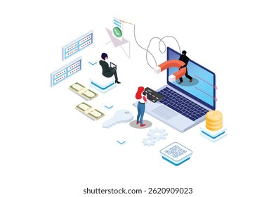 Isometric activity Phishing via internet concept illustration. Email spoofing or fishing messages. Hacking credit card or personal information website. Cyber banking account attack. Online security.