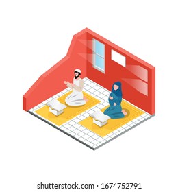 Isometric Activity Read the Qur'an in the month of Ramadan which is full of blessings Illustration in Blue Isolated Background With People and Digital Related Asset