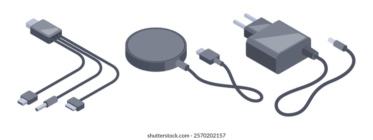 Isometric adapters. Mobile phone chargers, adapters and electronic charging equipment 3d vector illustration. Electric usb adapters on white