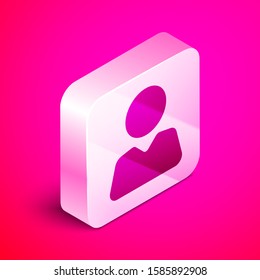 Isometric Add to friend icon isolated on pink background. Silver square button. Vector Illustration