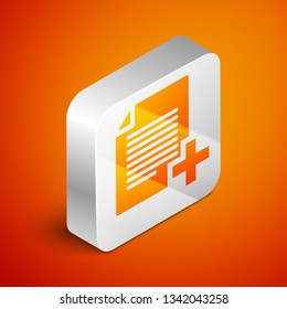 Isometric Add new file icon isolated on orange background. Copy document icon. Silver square button. Vector Illustration
