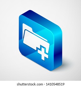 Isometric Add new folder icon isolated on white background. New folder file sign. Copy document icon. Add attach create folder make new plus icon. Blue square button. Vector Illustration