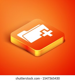 Isometric Add new folder icon isolated on orange background. New folder file sign. Copy document icon. Add attach create folder make new plus icon.  Vector Illustration